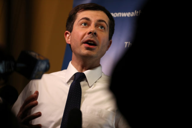 Democratic presidential hopeful South Bend, Indiana mayor Pete Buttigieg speaks to members of the media before appearing at the Commonwealth Club of California on March 28, 2019 in San Francisco, California.