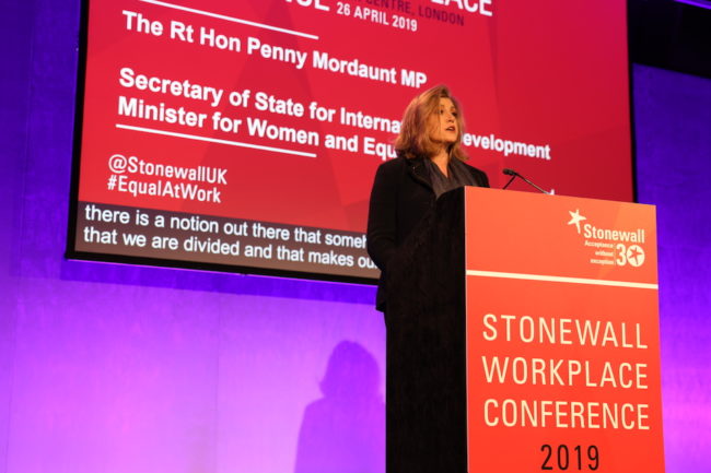 Secretary of State for International Development and Minister for Women and Equalities Penny Mordaunt speaks at Stonewall's Workplace Equality Conference