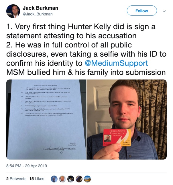 Photo of a tweet in which Jack Burkman stands by the fake sexual assault claims against Pete Buttigieg.