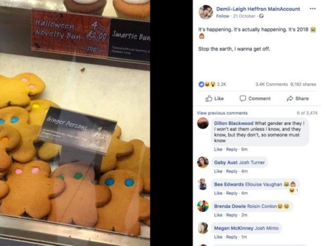 A Facebook post by Demii-Leigh Heffron showing gender neutral gingerbread people.
