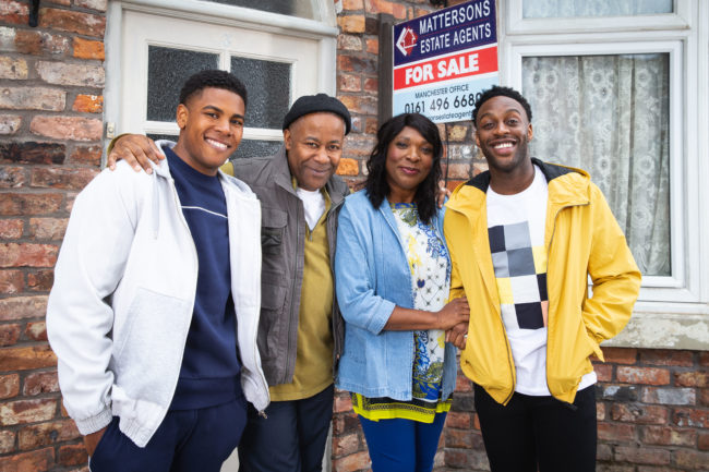 New Coronation Street characters James (Nathan Graham), Edison (Trevor Michael Georges), Aggie (Lorna Laidlaw) and Michael (Ryan Russell)