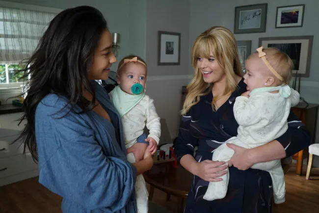 Pretty Little Liars characters Alison and Emily with their two daughters.