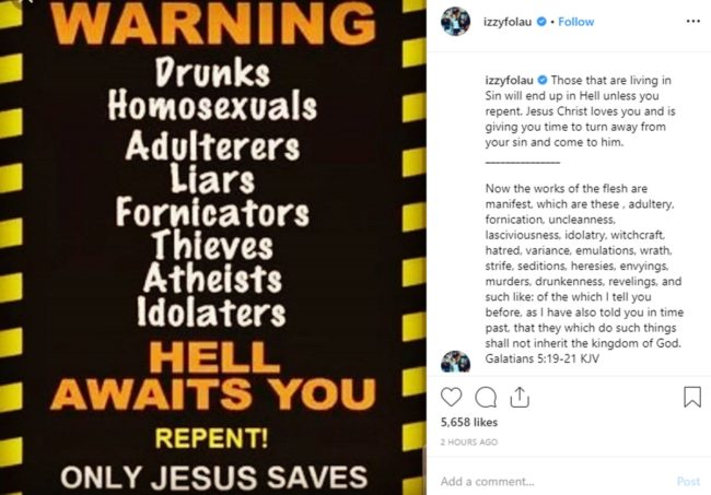 An Instagram post by Israel Folau which uses an anti-gay meme.