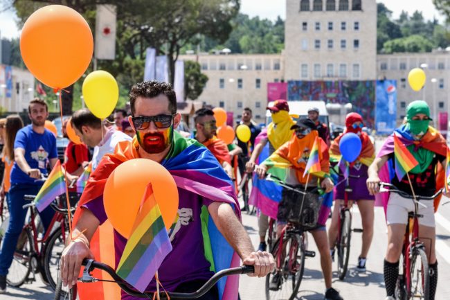 Albanian LGBT activists attend Tirana Gay Pride to mark the Activists take part in a Pride event in North Macedonia's neighbour Albania in 2018 