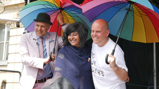 Gay Muslim activist Khakan Qureshi, lesbian Muslim campaigner Saima Razzaq, and 'No Outsiders' teacher Andrew Moffat led the parade
