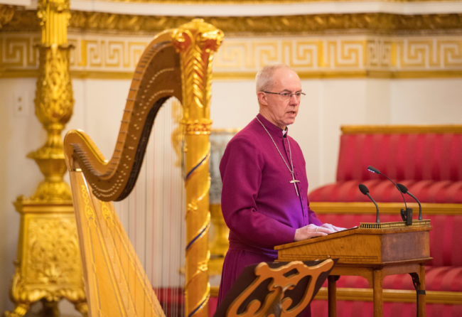 Lambeth Conference: Archbishop of Canterbury Justin Welby makes a speech during a reception to mark the 50th Anniversary of the investiture of The Prince of Wales at Buckingham Palace in London on March 5, 2019.