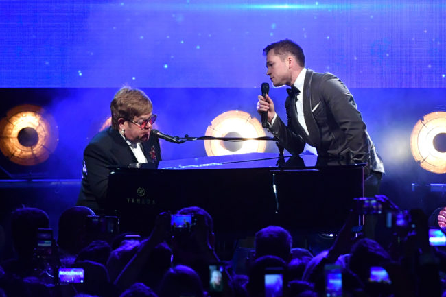 Sir Elton John and Taron Egerton perform during the Rocketman Gala Party during the 72nd annual Cannes Film Festival on May 16, 2019 in Cannes, France.