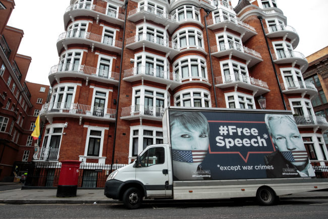 A van with a billboard in support of American whistleblower Chelsea Manning and Wikileaks founder Julian Assange is parked outside the Ecuadorian Embassy in South Kensington on April 5, 2019 in London, England.