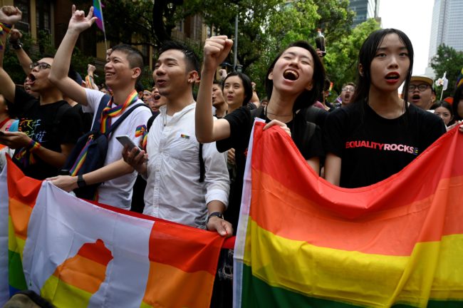 Supporters of same-sex marriage in Taiwan react to the vote on May 17. 