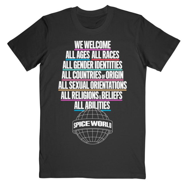 Spice Girls tour t-shirt with an "all welcome" message