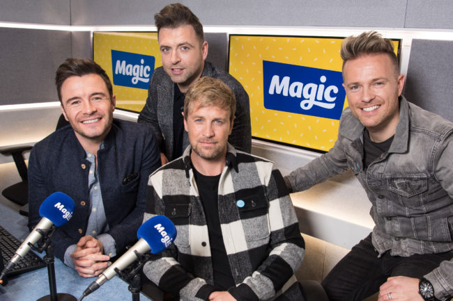 Shane Filan, Mark Feehily, Kian Egan and Nicky Byrne of Westlife visit Magic Radio on January 09, 2019 in London, England. 