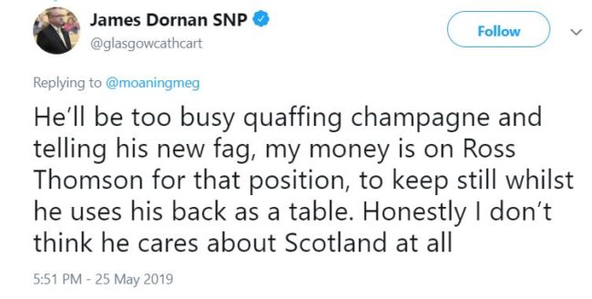 Dornan said he had used the word context of "public school boys being made to ‘fag’ for older pupils". (@glasgowcathcart/Twitter)