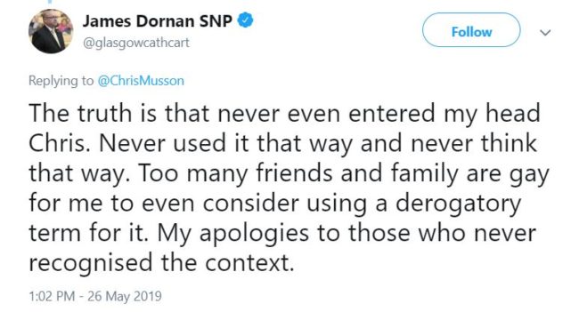Dornan tweeted a number of replies to users, explaining his original intent. (@glasgowcathcart/Twitter)
