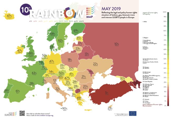 The 10th Rainbow Map of LGBT rights in Europe by ILGA-Europe.