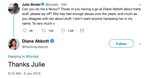 Diane abbott Julie Bindel tweet