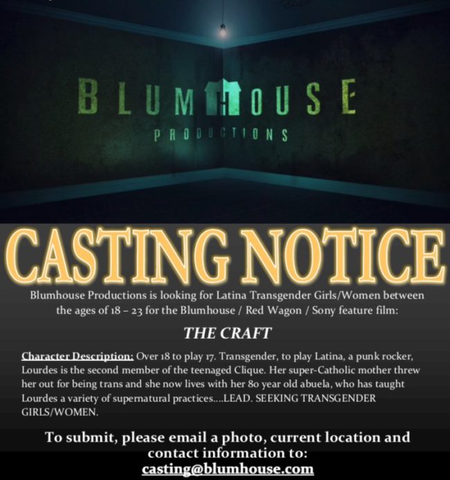 'The casting notice for The Craft is looking for a trans, Latina actor to take on the lead role of Lourdes. (Blumhouse Productions)