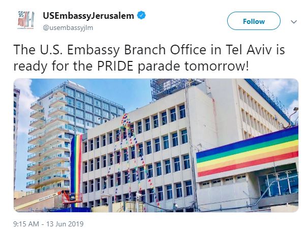 The US embassy in Jerusalem tweeted the photo of rainbow flags