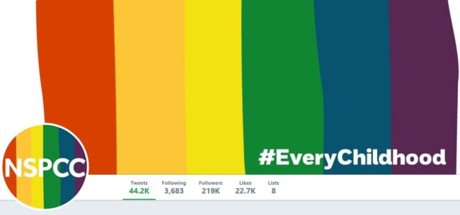 NSPCC, who run Childline,, have adopted rainbow colours on its social media for Pride month. (@nspcc/Twitter)