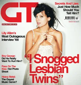 Lily Allen on the cover of GT Magazine with the headline 'I snogged lesbian twins'